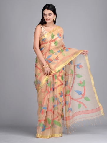 Beige and Multicolor Silk Maslin Hand woven Saree with multi thread work 0