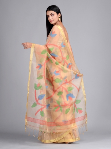Beige and Multicolor Silk Maslin Hand woven Saree with multi thread work 1