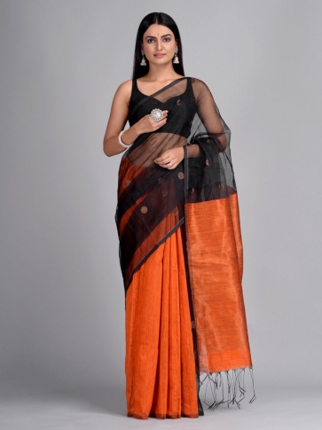 Black and Orange Hand Woven Matka Silk  Saree