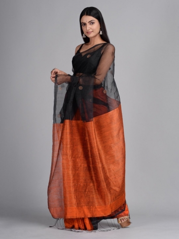 Black and Orange Hand Woven Matka Silk  Saree 0