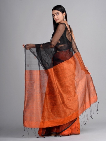Black and Orange Hand Woven Matka Silk  Saree 1