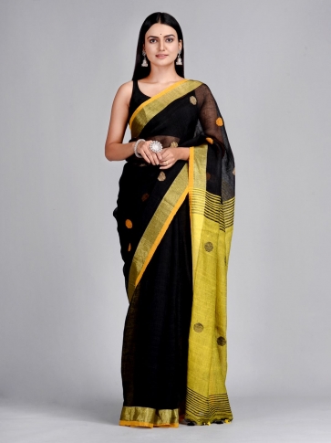 Black and Yellow Hand Woven  Linen Saree with polka dots