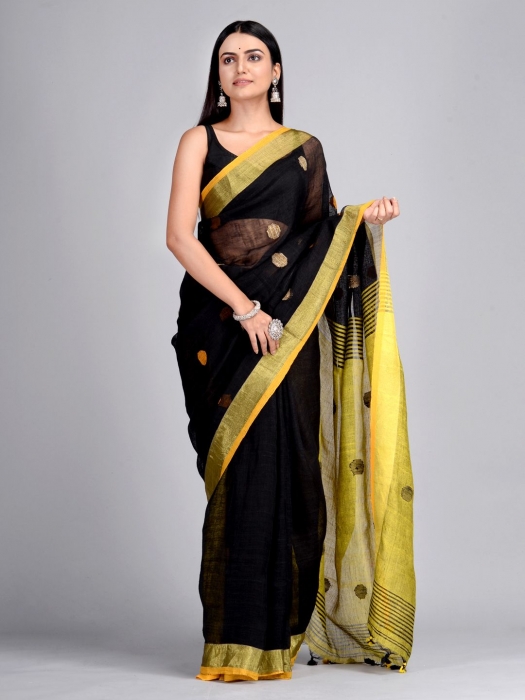Black and Yellow Hand Woven  Linen Saree with polka dots 0