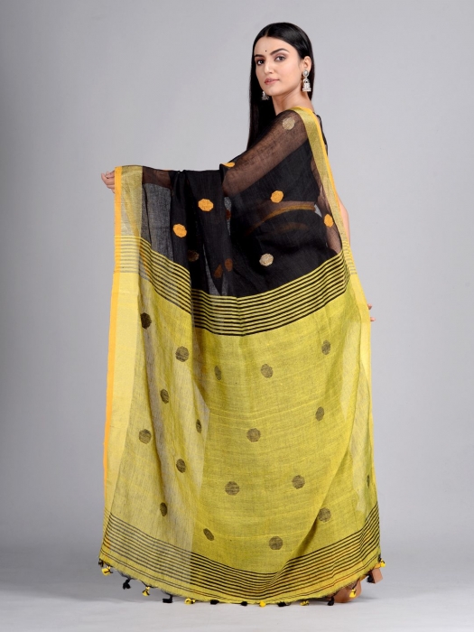Black and Yellow Hand Woven  Linen Saree with polka dots 1