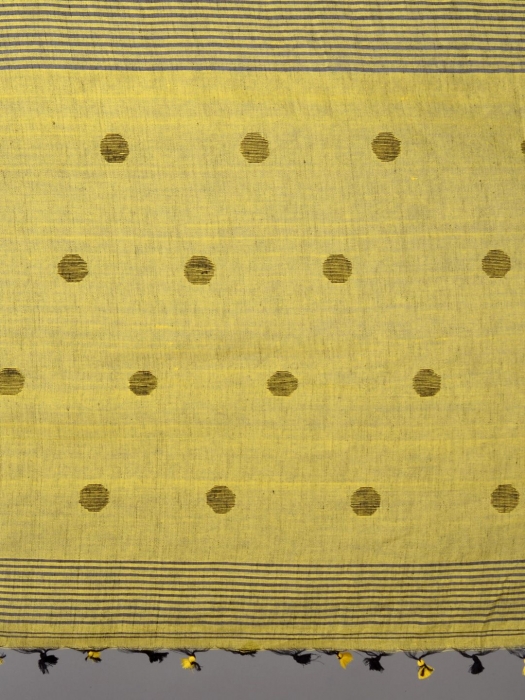 Black and Yellow Hand Woven  Linen Saree with polka dots 2