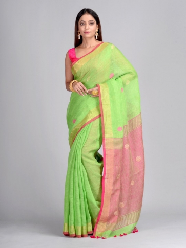 Green and Pink Hand Woven  Linen Saree with polka dots