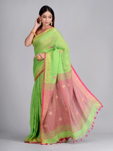 Green and Pink Hand Woven  Linen Saree with polka dots 0