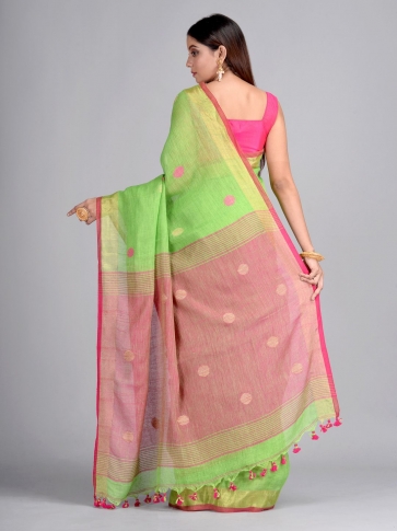 Green and Pink Hand Woven  Linen Saree with polka dots 1