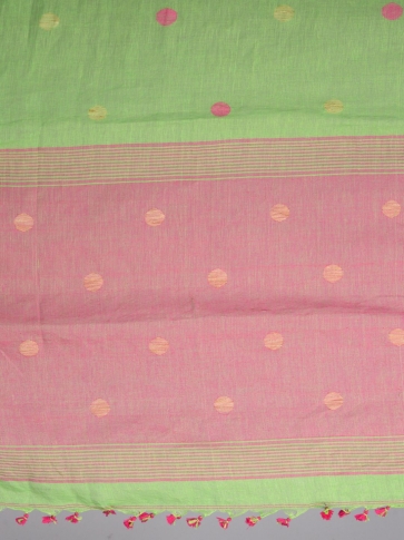 Green and Pink Hand Woven  Linen Saree with polka dots 2