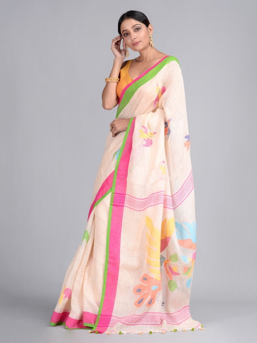 Cream Hand Woven Linen Saree with Jamdani work in pallu 0