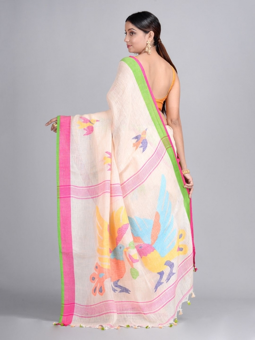 Cream Hand Woven Linen Saree with Jamdani work in pallu 1