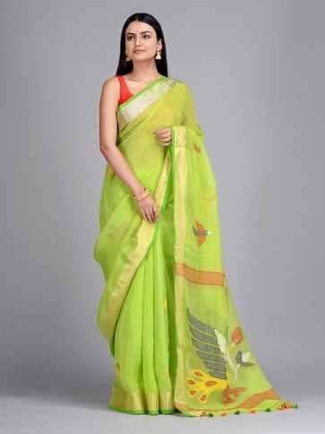 Green Hand Woven Linen Saree with Jamdani work in pallu