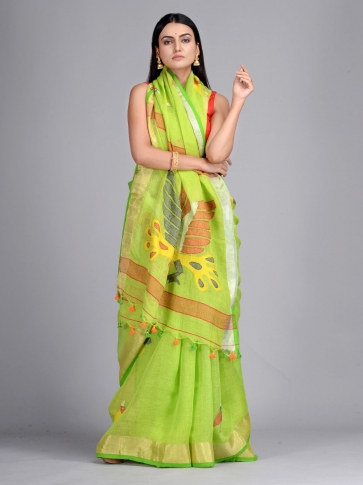 Green Hand Woven Linen Saree with Jamdani work in pallu 0