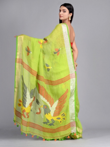 Green Hand Woven Linen Saree with Jamdani work in pallu 1