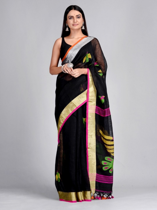 Black Hand Woven Linen Saree with Jamdani work in pallu