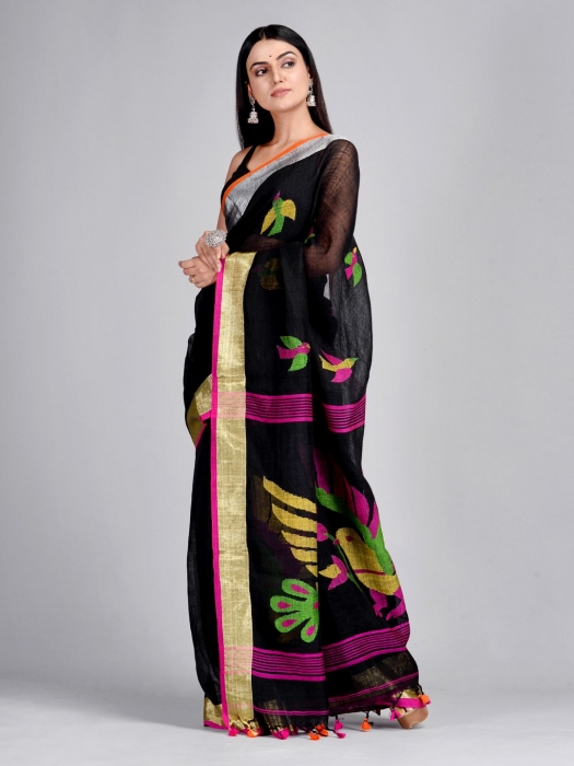 Black Hand Woven Linen Saree with Jamdani work in pallu 0
