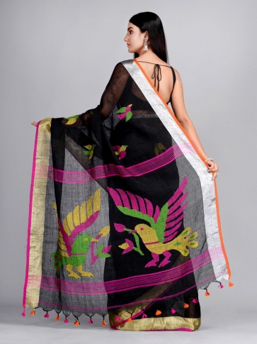 Black Hand Woven Linen Saree with Jamdani work in pallu 1