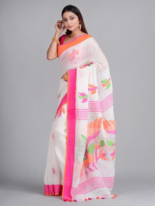 White Hand Woven Linen Saree with Jamdani work in pallu 0