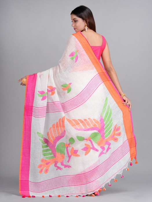 White Hand Woven Linen Saree with Jamdani work in pallu 1