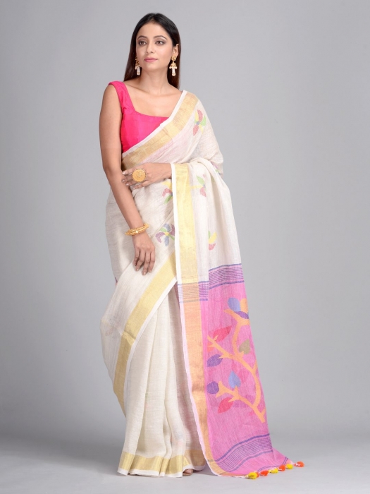 Off White Hand Woven Linen Saree with Jamdani work in pallu