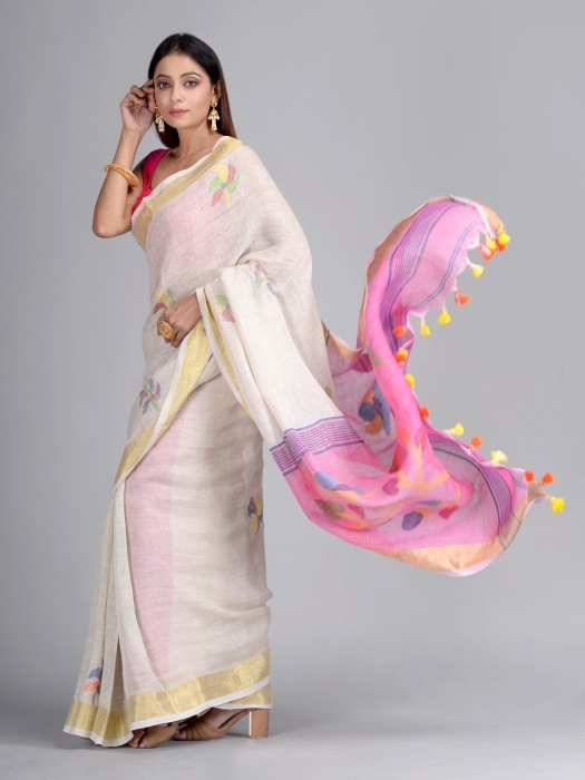 Off White Hand Woven Linen Saree with Jamdani work in pallu 0