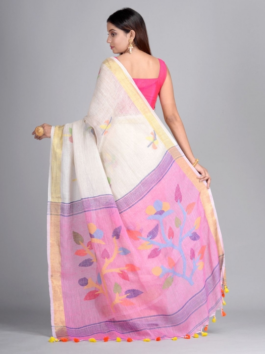 Off White Hand Woven Linen Saree with Jamdani work in pallu 1