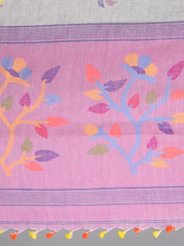 Off White Hand Woven Linen Saree with Jamdani work in pallu 2