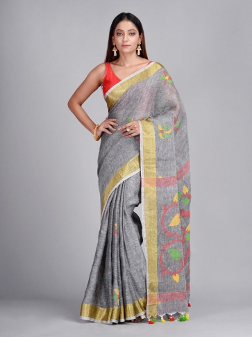 Grey Hand Woven Linen Saree with Jamdani work in pallu