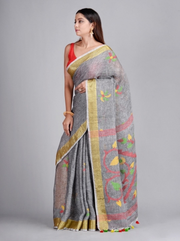 Grey Hand Woven Linen Saree with Jamdani work in pallu 0