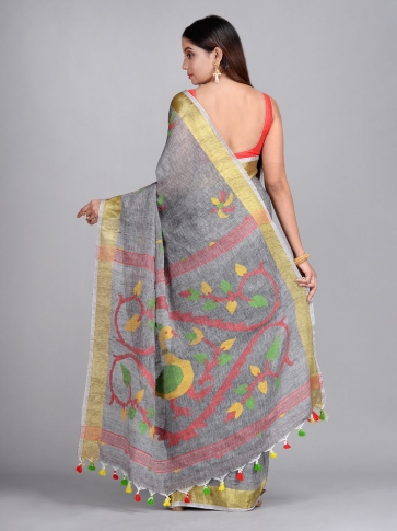 Grey Hand Woven Linen Saree with Jamdani work in pallu 1