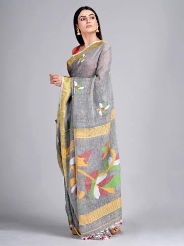 Grey Hand Woven Linen Saree with Jamdani work in pallu 0