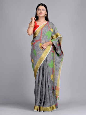 Grey Pure Linen Hand Woven Saree with Jamdani work in pallu