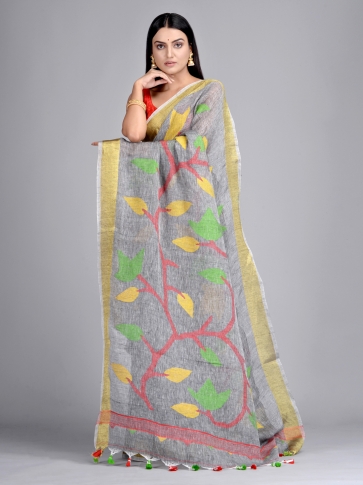 Grey Pure Linen Hand Woven Saree with Jamdani work in pallu 0