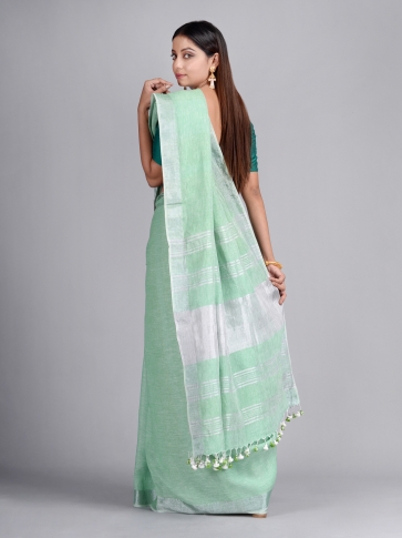 Summer Green Pure Linen Hand woven Saree 1