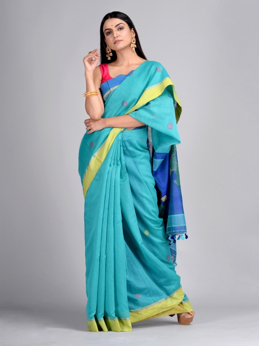 Blue Hand woven Saree with Jamdani work 0