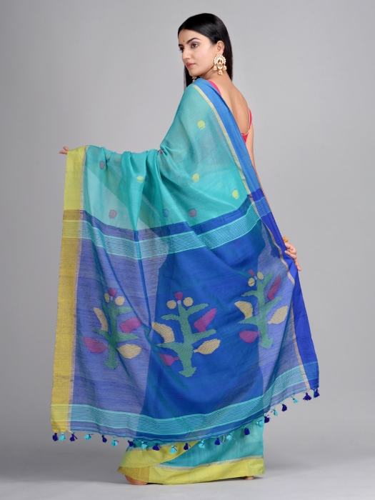 Blue Hand woven Saree with Jamdani work 1