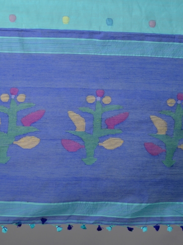 Blue Hand woven Saree with Jamdani work 2