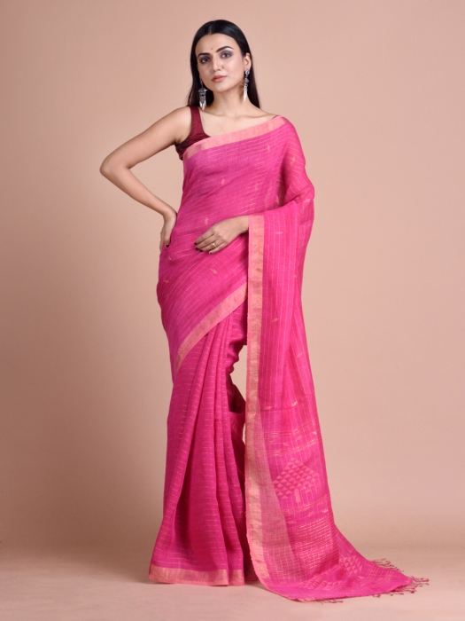 Pink Linen Saree With Woven Designs