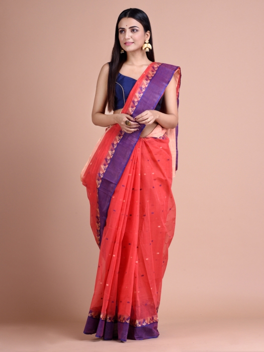 Candy Red Tangail Saree With Floral Designs 0