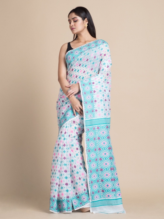 White & Blue Jamdani Saree With Multicolor Woven Designs 0