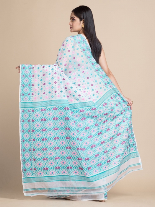 White & Blue Jamdani Saree With Multicolor Woven Designs 1