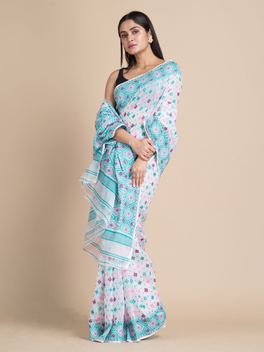 White & Blue Jamdani Saree With Multicolor Woven Designs