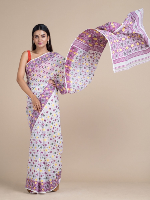 White & Aubergine Jamdani Saree With Multicolor Woven Designs