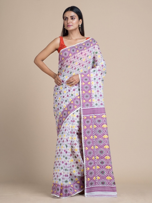 White & Aubergine Jamdani Saree With Multicolor Woven Designs 0