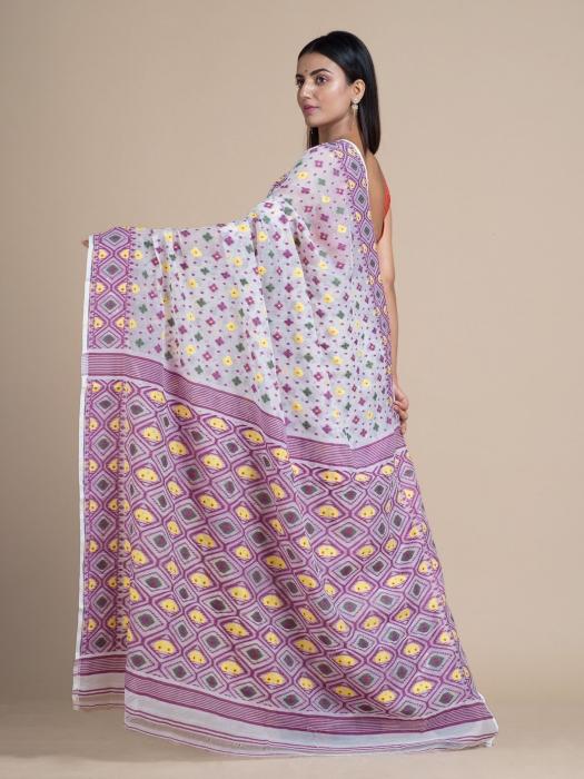 White & Aubergine Jamdani Saree With Multicolor Woven Designs 1