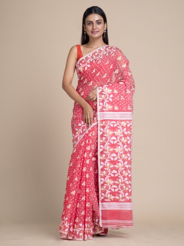 Punch Pink & White Jamdani Saree With Woven Designs