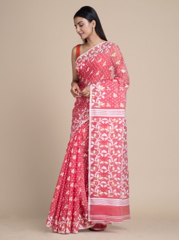 Punch Pink & White Jamdani Saree With Woven Designs 0