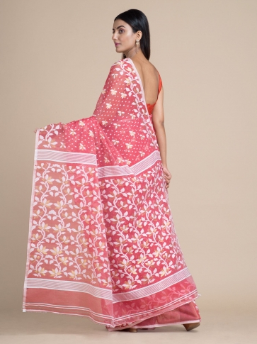 Punch Pink & White Jamdani Saree With Woven Designs 1