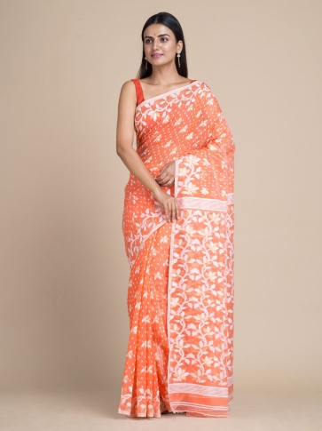 Light Orange & White Jamdani Saree With Woven Designs 0
