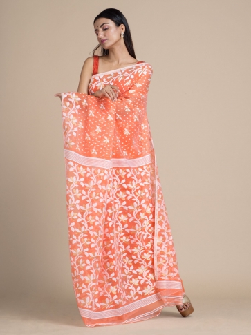 Light Orange & White Jamdani Saree With Woven Designs
